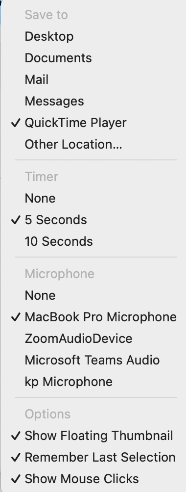 Menu options for screen recording settings in QuickTime Player, including save locations, timer settings, microphone selection, and additional options.