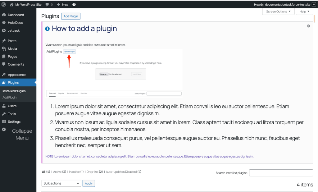 Screenshot of the WordPress admin interface showing the 'Add Plugins' section with an instruction on how to upload a plugin.